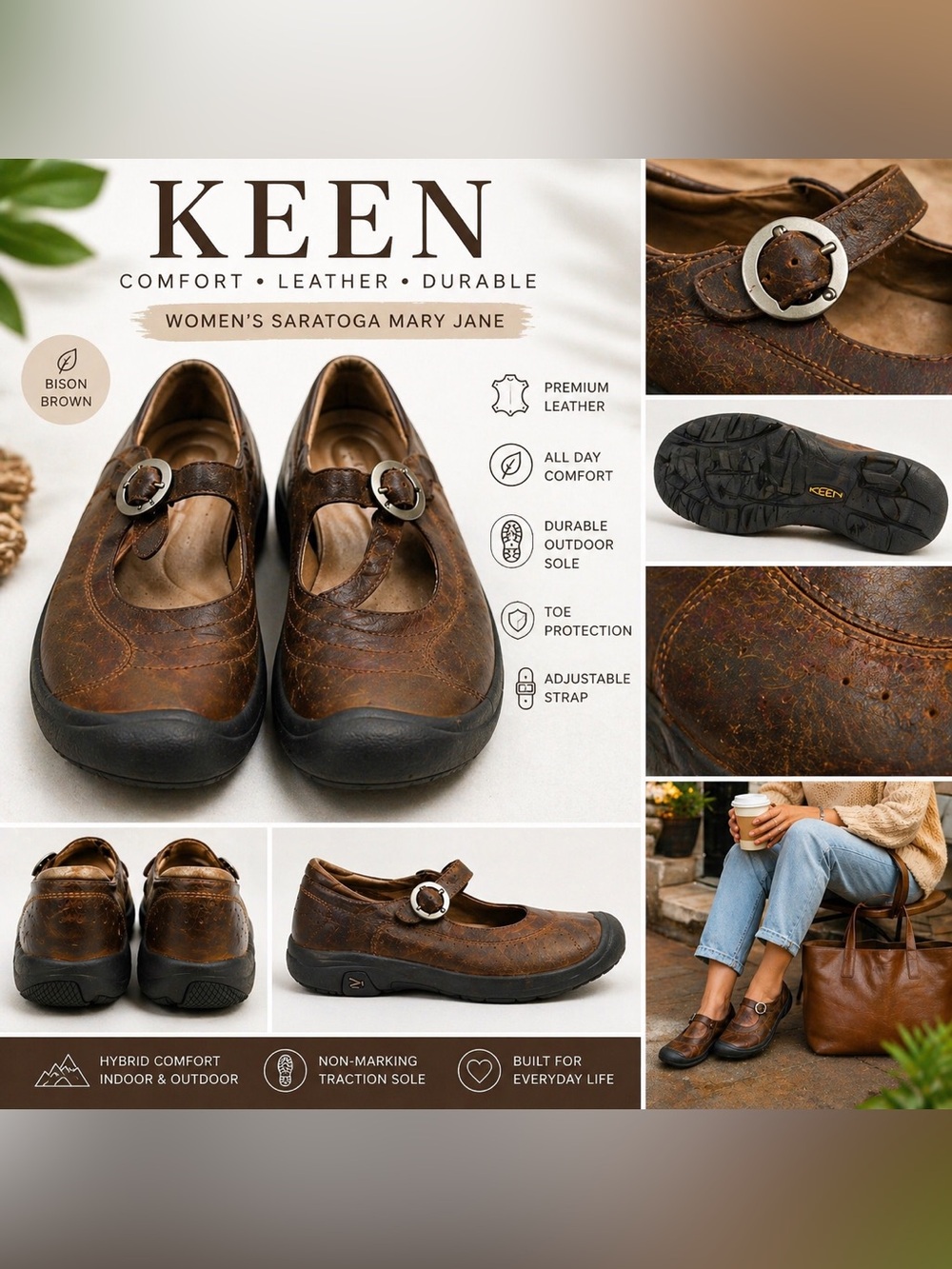KEEN Hybrid Saratoga Mary Jane Leather Shoes Bison Brown Comfort Walking Outdoor